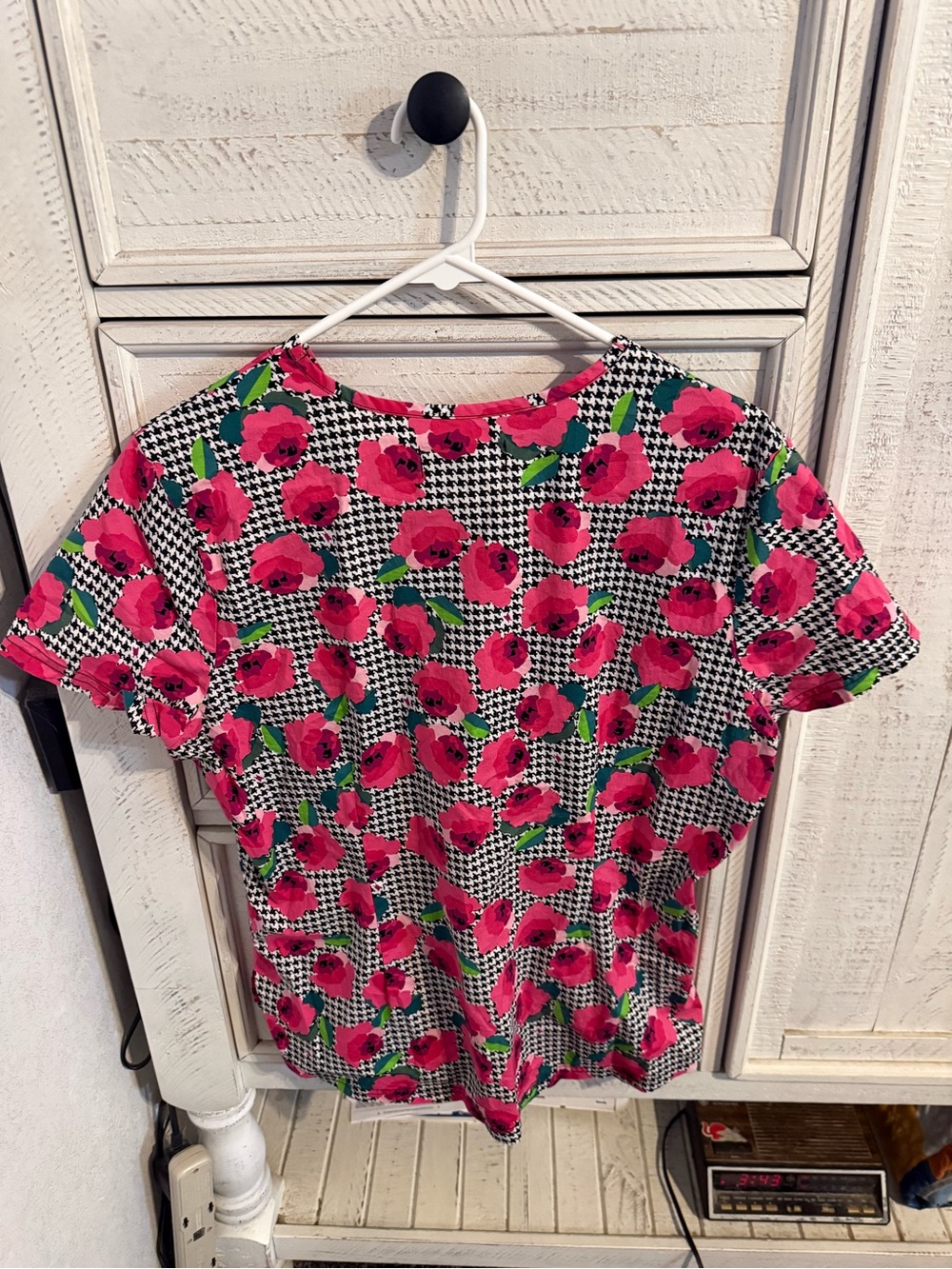 Pink Floral Houndstooth Short Sleeve Blouse